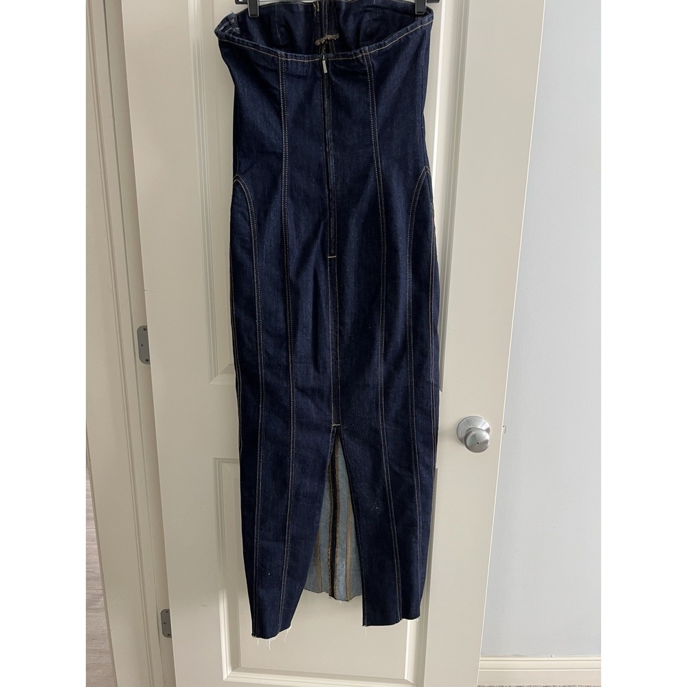 Zara Long Dark Blue Denim Bustier ZW Bodycon Corset Dress Topstitched Size L - Picture 8 of 15